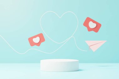 Model ve ürün markası sunumu için podyumlu 3D görüntüleme sahnesi. Sevgililer Günü teması için pembe yayalar. Hoş bir kalp geçmişi var. Aşk gününün tasarım tarzı.