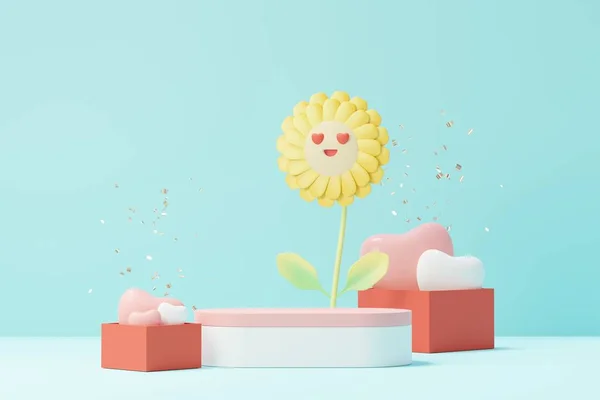 三维渲染最小甜甜的场景与展示平台 用于模拟和产品品牌展示 粉红石碑代表情人节的主题 可爱的心脏背景 爱日的设计风格 — 图库照片