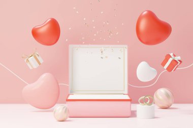 Model ve ürün markası sunumu için podyumlu 3D görüntüleme sahnesi. Sevgililer Günü teması için pembe yayalar. Hoş bir kalp geçmişi var. Aşk gününün tasarım tarzı.