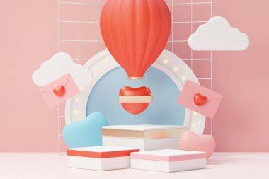 Model ve ürün markası sunumu için podyumlu 3D görüntüleme sahnesi. Sevgililer Günü teması için pembe yayalar. Hoş bir kalp geçmişi var. Aşk gününün tasarım tarzı.