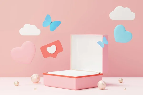 3d render minimal sweet scene with display podium for mock up and product brand presentation. Pink Pedestal stand for Valentine's Day's theme. Cute lovely heart background. Love day's design style.