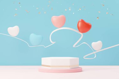 Model ve ürün markası sunumu için podyumlu 3D görüntüleme sahnesi. Sevgililer Günü teması için pembe yayalar. Hoş bir kalp geçmişi var. Aşk gününün tasarım tarzı.