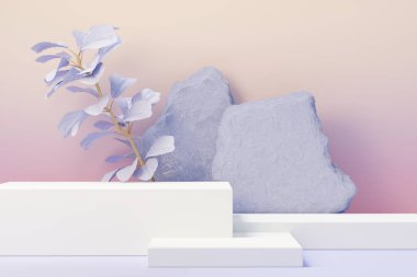 2022 'de ürün tanıtımı ve reklamı için çok Peri renginde 3D güzellik podyumu. Minimal pastel gökyüzü ve Rüya Diyarı sahnesi. Romantizm kavramı.