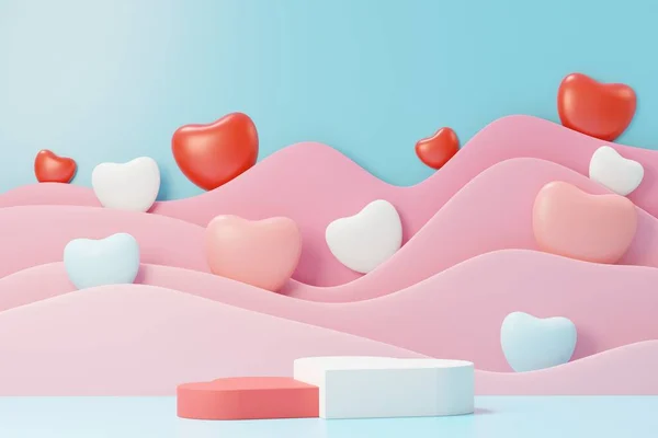 3d render minimal sweet scene with display podium for mock up and product brand presentation. Pink Pedestal stand for Valentine\'s Day\'s theme. Cute lovely heart background. Love day\'s design style.