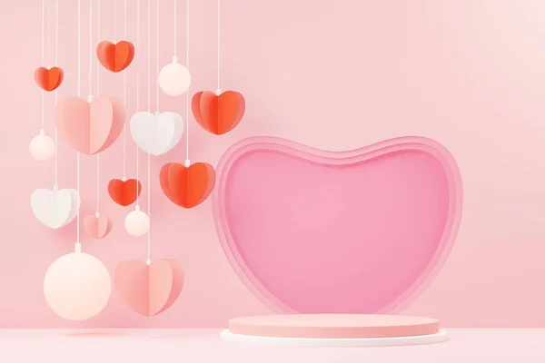 3d render minimal sweet scene with display podium for mock up and product brand presentation. Pink Pedestal stand for Valentine's Day's theme. Cute lovely heart background. Love day's design style.