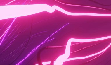 Karanlık arka planda RGB neon ışığının 3 boyutlu görüntüsü. Soyut lazer hatları geceleri görünüyor. Model ve web afişi için ultraviyole ışın sahnesi.