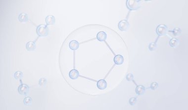 Yan hücrede ya da moleküllerde basit kimyasal bağın 3 boyutlu oluşturulması. Atomlar, iyonlar, bağlar ve moleküllerin birleşimi. Sıvı baloncuk arka planı. Kovalent bağ. Biyokimyasal etkileşim.