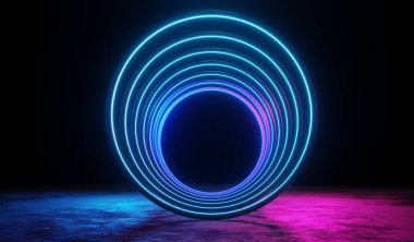 Karanlık arka planda RGB neon ışığının 3 boyutlu görüntüsü. Soyut lazer hatları geceleri görünüyor. Model ve web afişi için ultraviyole ışın sahnesi.