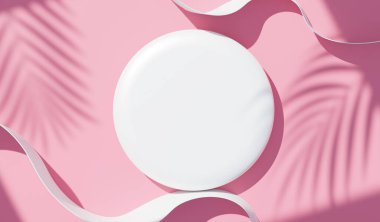 3d beyaz boş silindir çerçeve üst görünümünü maket için görüntüleyin ve palmiye yaprakları, toprak rengi ve mor duvar arkaplanı ile ürünleri görüntüleyin. Yaratıcı fikir konsepti. Dul Gölgesi.