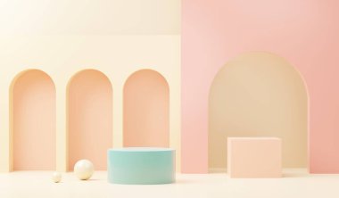 3D sunum ve reklam için soyut podyum platformunu hazırlayın. Temiz dizaynlı minimum sahne arkaplanı. Model için boş kaide. Kozmetik için pastel renkli boş sahne.