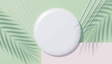 3d beyaz boş silindir çerçeve üst görünümünü maket için görüntüleyin ve palmiye yaprakları, toprak rengi ve pastel duvar arkaplanı ile ürünleri görüntüleyin. Yaratıcı fikir konsepti. Dul Gölgesi.