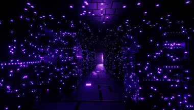 Karanlık sahnede parlayan üç boyutlu neon ve ışık yansıması. Siber punk gece şehri konsepti. Gece hayatı. 5G için teknoloji ağı. Nesilden nesile ve gelecekten gelen sahnelerin ötesinde. Bilimkurgu desen teması.