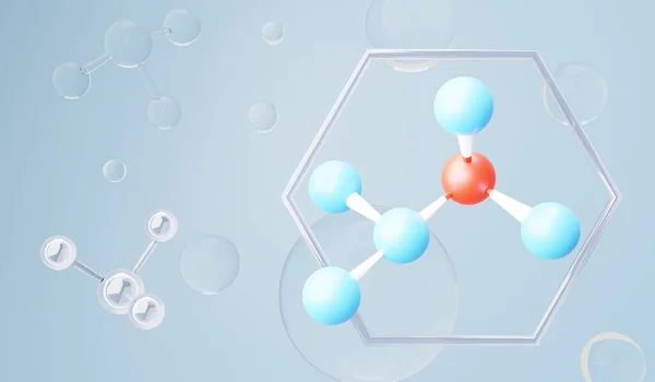 3D在侧边细胞或分子中表现出简单的化学键 键和分子的结合 液滴气泡背景 科沃伦特债券 生物化学相互作用 — 图库照片