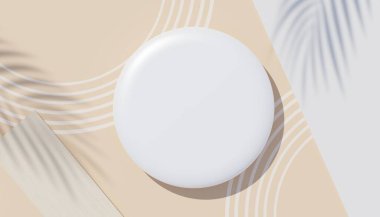 3d beyaz boş silindir çerçeve üst görünümünü maket için görüntüleyin ve palmiye yaprakları, toprak rengi ve pastel duvar arkaplanı ile ürünleri görüntüleyin. Yaratıcı fikir konsepti. Dul Gölgesi.