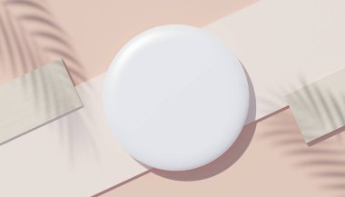 3d beyaz boş silindir çerçeve üst görünümünü maket için görüntüleyin ve palmiye yaprakları, toprak rengi ve pastel duvar arkaplanı ile ürünleri görüntüleyin. Yaratıcı fikir konsepti. Dul Gölgesi.