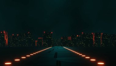 Karanlık sahnede parlayan üç boyutlu neon ve ışık yansıması. Siber punk gece şehri konsepti. Gece hayatı. 5G için teknoloji ağı. Nesilden nesile ve gelecekten gelen sahnelerin ötesinde. Bilimkurgu desen teması.