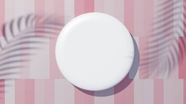 3d beyaz boş silindir çerçeve üst görünümünü maket için görüntüleyin ve palmiye yaprakları, toprak rengi ve pastel duvar arkaplanı ile ürünleri görüntüleyin. Yaratıcı fikir konsepti. Dul Gölgesi.
