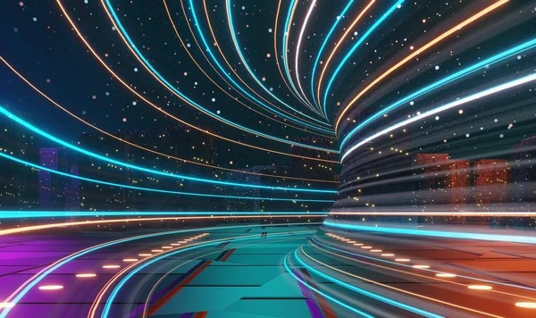暗いシーンに輝くフラッシュネオンと光の3Dレンダリング 街や都市を通ってスピードライトトンネル 将来のネットワークの技術インターネット 超空間星間旅行のSf — ストック写真