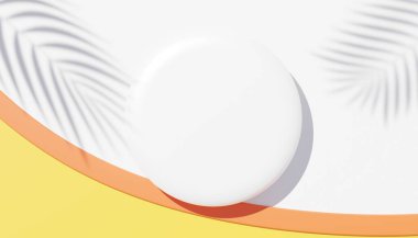 3d beyaz boş silindir çerçeve üst görünümünü maket için görüntüleyin ve palmiye yaprakları, toprak rengi ve pastel duvar arkaplanı ile ürünleri görüntüleyin. Yaratıcı fikir konsepti. Dul Gölgesi.