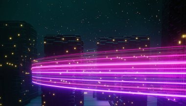 Karanlık sahnede parlayan üç boyutlu flaş ve ışık yansıması. Şehirden ya da şehirden geçen ışık tüneli. Gelecekteki ağın teknoloji interneti. Yıldızlararası seyahatin bilim kurgusu.