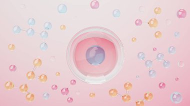 Yan hücrede ya da moleküllerde basit kimyasal bağın 3 boyutlu oluşturulması. Atomlar, iyonlar, bağlar ve moleküllerin birleşimi. Sıvı baloncuk arka planı. Kovalent bağ. Biyokimyasal etkileşim.