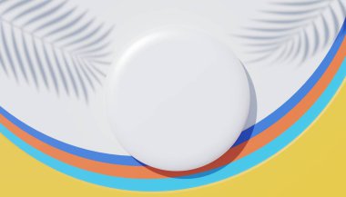 3d beyaz boş silindir çerçeve üst görünümünü maket için görüntüleyin ve palmiye yaprakları, toprak rengi ve pastel duvar arkaplanı ile ürünleri görüntüleyin. Yaratıcı fikir konsepti. Dul Gölgesi.