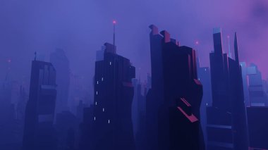 Siber punk gece şehir peyzajının 3 boyutlu canlandırması. Karanlık sahnede ışık parlıyor. Gece hayatı. 5G için teknoloji ağı. Bilim-Kurgu Başkenti ve inşaat sahnesinin nesli ve geleceği ötesinde.