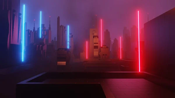 Renderizado Cyber Punk Concepto Paisaje Ciudad Noche Luz Que Brilla — Foto de Stock