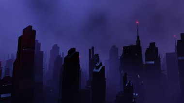 Siber punk gece şehir peyzajının 3 boyutlu canlandırması. Karanlık sahnede ışık parlıyor. Gece hayatı. 5G için teknoloji ağı. Bilim-Kurgu Başkenti ve inşaat sahnesinin nesli ve geleceği ötesinde.