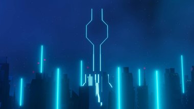 Siber punk gece şehir peyzajının 3 boyutlu canlandırması. Karanlık sahnede ışık parlıyor. Gece hayatı. 5G için teknoloji ağı. Bilim-Kurgu Başkenti ve inşaat sahnesinin nesli ve geleceği ötesinde.