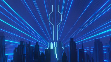 Siber punk gece şehir peyzajının 3 boyutlu canlandırması. Karanlık sahnede ışık parlıyor. Gece hayatı. 5G için teknoloji ağı. Bilim-Kurgu Başkenti ve inşaat sahnesinin nesli ve geleceği ötesinde.