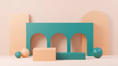3D sunum ve reklam için soyut podyum platformunu hazırlayın. Temiz dizaynlı minimum sahne arkaplanı. Model için boş kaide. Kozmetik için pastel renkli boş sahne.