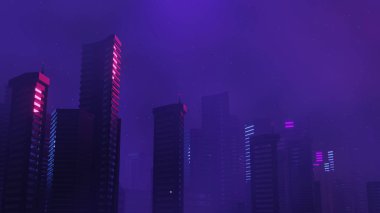 Siber punk gece şehir peyzajının 3 boyutlu canlandırması. Karanlık sahnede ışık parlıyor. Gece hayatı. 5G için teknoloji ağı. Bilim-Kurgu Başkenti ve inşaat sahnesinin nesli ve geleceği ötesinde.