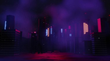 Siber punk gece şehir peyzajının 3 boyutlu canlandırması. Karanlık sahnede ışık parlıyor. Gece hayatı. 5G için teknoloji ağı. Bilim-Kurgu Başkenti ve inşaat sahnesinin nesli ve geleceği ötesinde.