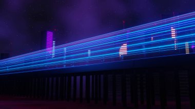 Siber punk gece şehir peyzajının 3 boyutlu canlandırması. Karanlık sahnede ışık parlıyor. Gece hayatı. 5G için teknoloji ağı. Bilim-Kurgu Başkenti ve inşaat sahnesinin nesli ve geleceği ötesinde.