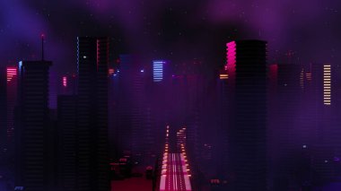 Siber punk gece şehir peyzajının 3 boyutlu canlandırması. Karanlık sahnede ışık parlıyor. Gece hayatı. 5G için teknoloji ağı. Bilim-Kurgu Başkenti ve inşaat sahnesinin nesli ve geleceği ötesinde.