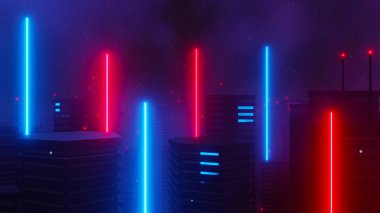 Siber punk gece şehir peyzajının 3 boyutlu canlandırması. Karanlık sahnede ışık parlıyor. Gece hayatı. 5G için teknoloji ağı. Bilim-Kurgu Başkenti ve inşaat sahnesinin nesli ve geleceği ötesinde.