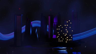 Siber punk gece şehir peyzajının 3 boyutlu canlandırması. Karanlık sahnede ışık parlıyor. Gece hayatı. 5G için teknoloji ağı. Bilim-Kurgu Başkenti ve inşaat sahnesinin nesli ve geleceği ötesinde.