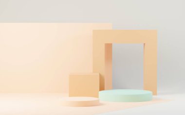 3D sunum ve reklam için soyut podyum platformunu hazırlayın. Temiz dizaynlı minimum sahne arkaplanı. Model için boş kaide. Kozmetik için pastel renkli boş sahne.