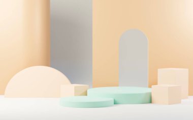 3D sunum ve reklam için soyut podyum platformunu hazırlayın. Temiz dizaynlı minimum sahne arkaplanı. Model için boş kaide. Kozmetik için pastel renkli boş sahne.