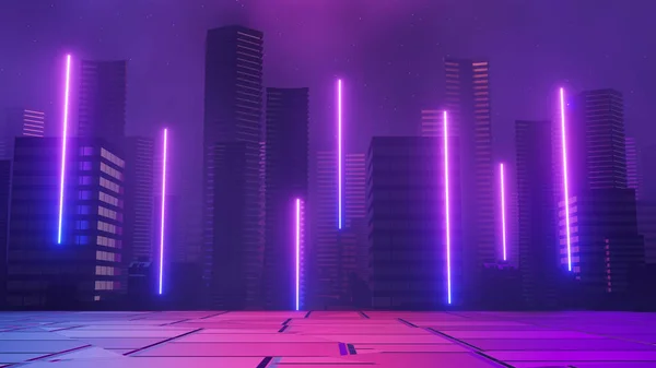 Renderizado Cyber Punk Concepto Paisaje Ciudad Noche Luz Que Brilla —  Fotos de Stock