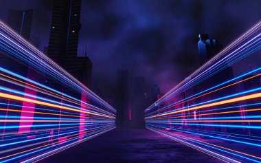 Siber punk gece şehir peyzajının 3 boyutlu canlandırması. Karanlık sahnede ışık parlıyor. Gece hayatı. 5G için teknoloji ağı. Bilim-Kurgu Başkenti ve inşaat sahnesinin nesli ve geleceği ötesinde.