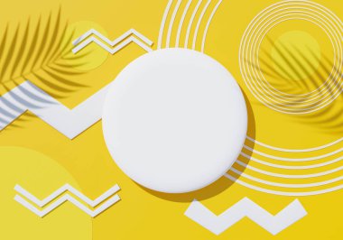 3d beyaz boş silindir çerçeve üst görünümünü maket için görüntüleyin ve palmiye yaprakları, toprak rengi ve pastel duvar arkaplanı ile ürünleri görüntüleyin. Yaratıcı fikir konsepti. Dul Gölgesi.