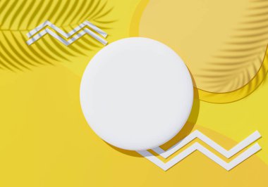 3d beyaz boş silindir çerçeve üst görünümünü maket için görüntüleyin ve palmiye yaprakları, toprak rengi ve pastel duvar arkaplanı ile ürünleri görüntüleyin. Yaratıcı fikir konsepti. Dul Gölgesi.