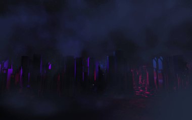 Siber punk gece şehir peyzajının 3 boyutlu canlandırması. Karanlık sahnede ışık parlıyor. Gece hayatı. 5G için teknoloji ağı. Bilim-Kurgu Başkenti ve inşaat sahnesinin nesli ve geleceği ötesinde.