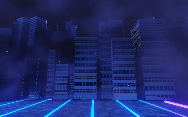 Визуализация Кибер Панк Ночной Городской Пейзаж Концепции Свет Светится Тёмной — стоковое фото