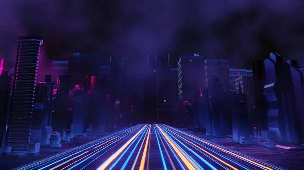 Renderizado Cyber Punk Concepto Paisaje Ciudad Noche Luz Que Brilla — Foto de Stock