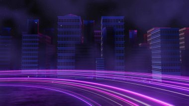 Siber punk gece şehir peyzajının 3 boyutlu canlandırması. Karanlık sahnede ışık parlıyor. Gece hayatı. 5G için teknoloji ağı. Bilim-Kurgu Başkenti ve inşaat sahnesinin nesli ve geleceği ötesinde.