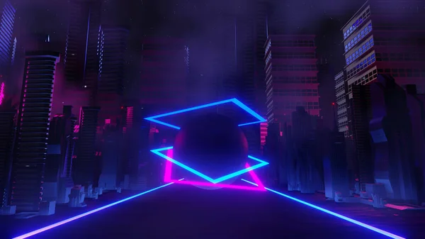 Renderizado Cyber Punk Concepto Paisaje Ciudad Noche Luz Que Brilla — Foto de Stock