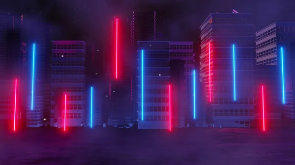 Rendering Von Cyber Punk Nacht Stadtlandschaft Konzept Licht Leuchtet Auf — Stockfoto